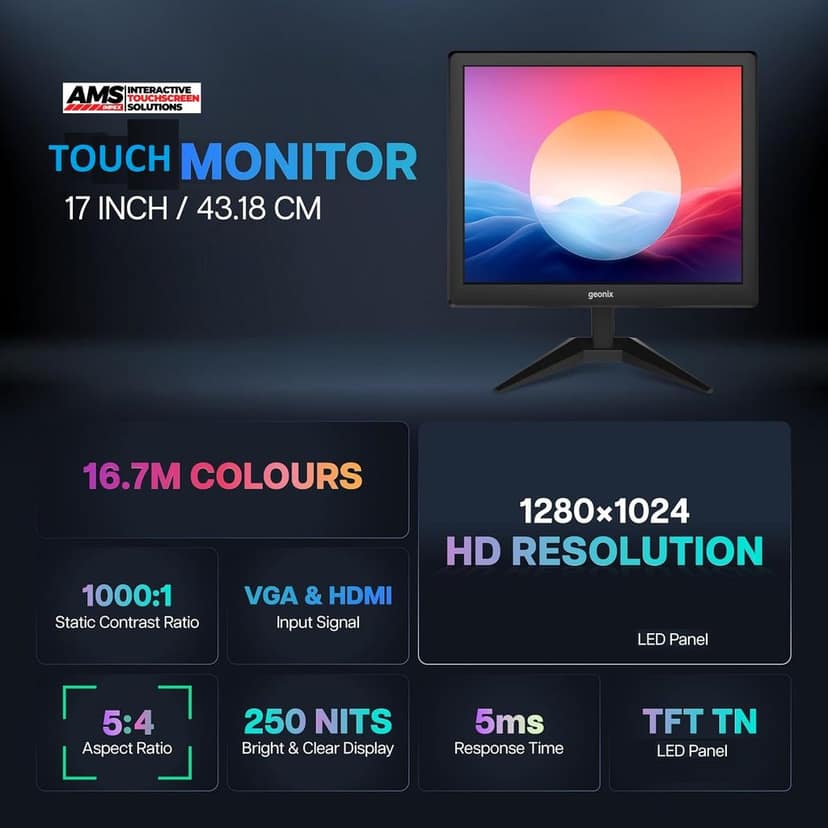 17" AMS Capacitive Touch Monitor, 1366 X 768, , 10 Multi Touch Points, TN Panel, WLED Backlight, Vesa Mountable view 2