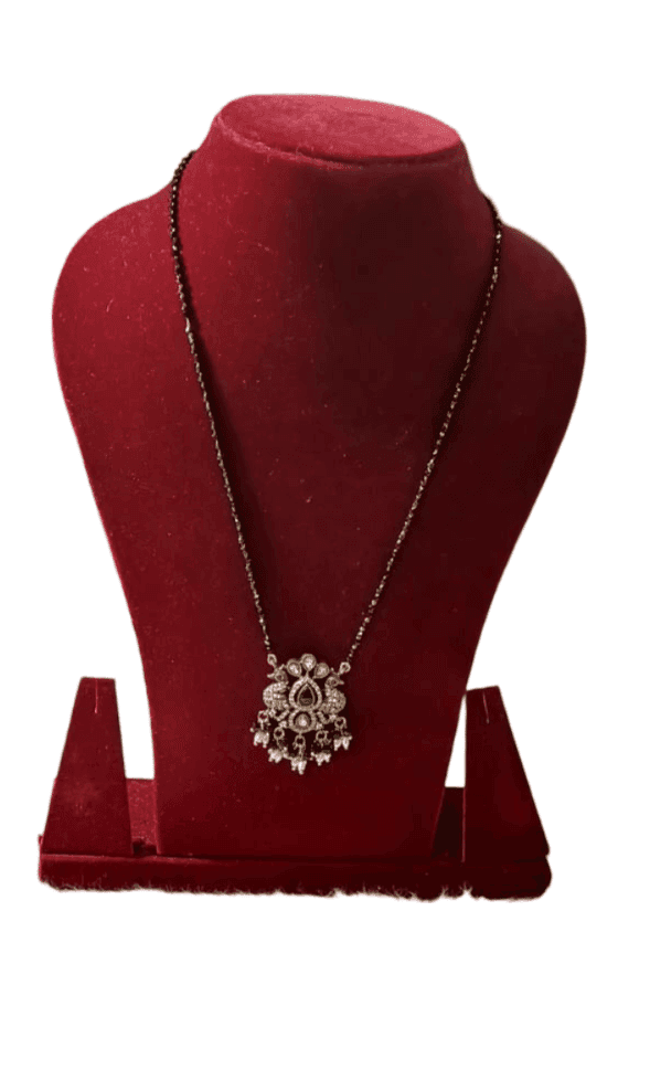 Black Beads Mangalsutra Pendant Necklace with Green Stones and Pearls view 2