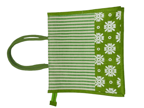 Green and White Striped Jute Tote Bag with Floral Print view 2
