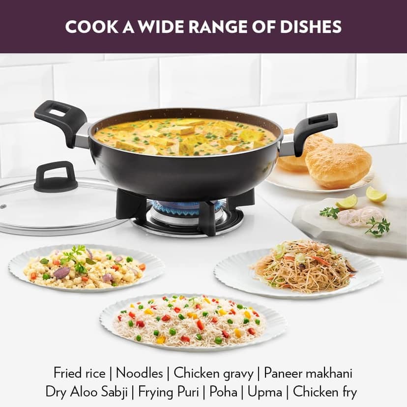 Borosil Granito Non-Stick Kadhai with Glass Lid, Induction Friendly, Granite Finish, PFOA-Free, 20 cm Diameter view 2