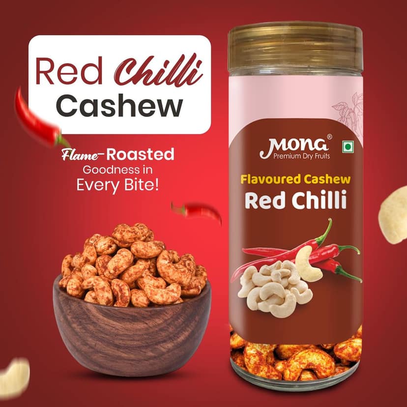 Mona Premium Red Chilli Flavoured Cashew Nuts - Spicy & Crunchy Dry Fruit Snack view 2