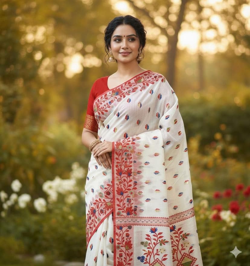 Cotton Jamdani Saree in White view 2