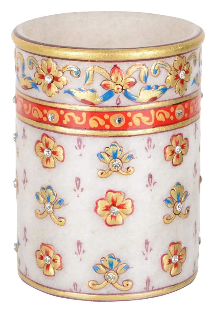 Central Cottage Industries Emporium (Govt of India Undertaking) Handcarated Marbel Pen Holder with Box (10 cm x 10 cm x 15 cm, Offwhite) view 2