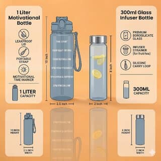 Hydration Duo 1 Litre Leakproof Sipper Bottle with Time Marker Mini 300ml Stylish Glass Bottle for Office, Gym