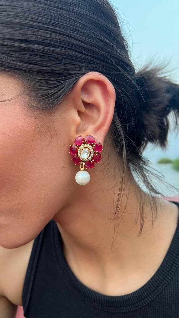 SUHANI ROSE FLOWER POLKI WITH SINGLE MOTI EARRINGS view 2