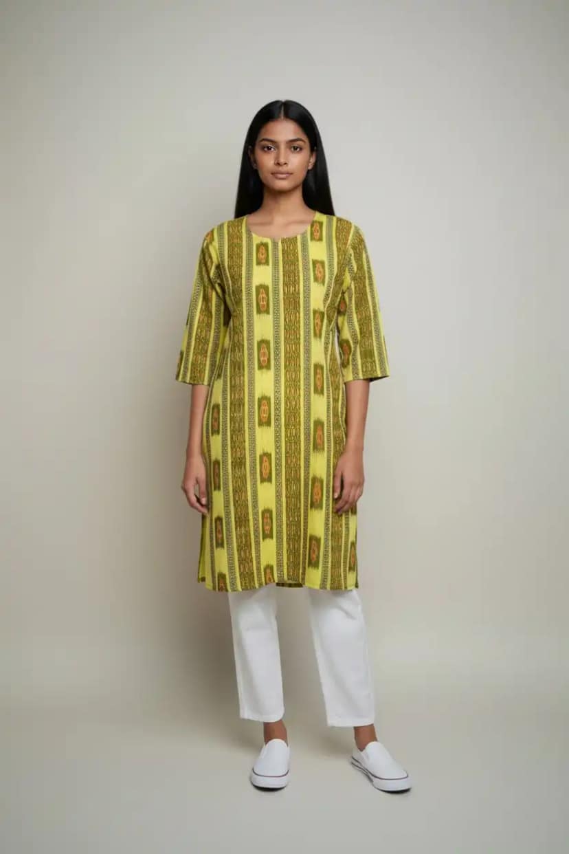 Handwoven Sambalpuri Cotton Kurti in Green and Yellow with Bandhakala