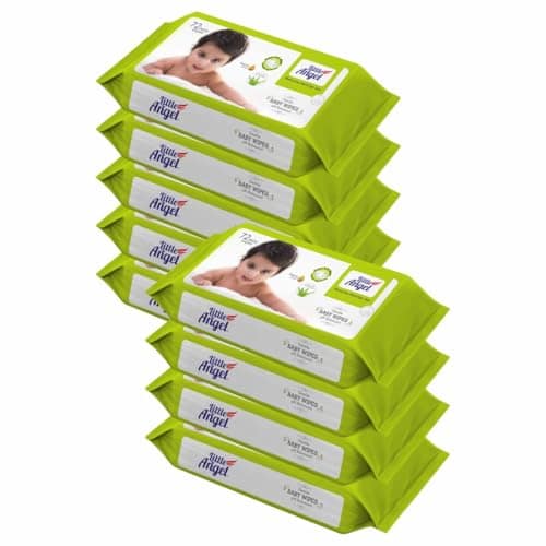 Little Angel Super Soft Cleansing Baby Wipes, 648 Count, Enriched with Aloe vera & Vitamin E, pH Balanced, Dermatologically Tested & Alcohol-free, Pack of 9, 72 count/pack view 2