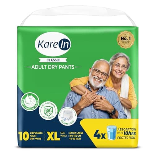 Karein Classic Adult Diaper Pant XL Size, Extra Large, Waist (100-150 cm 40'-59'), 10 Unit, Long Protection Hour, Unisex, Quick & Even Absorption, Leakproof, Odour Control, Wetness Indicator Karein Classic Adult Diaper Pant XL Size, Extra Large, Waist (1 view 2