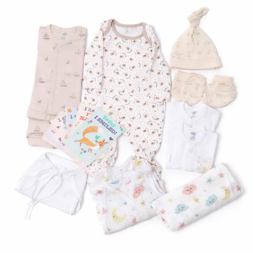 The Baby First Box Newborn Complete Clothing Set with Organic Muslin clothes - First Outfits with Gift Box | Baby Gifts | Newborn Clothes Set | Baby Shower Gifts | 0-3 Months | Pack of 12
