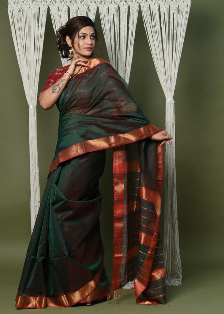 Handloom Cotton Silk Saree With Sleek Golden Border ~ dark green view 2