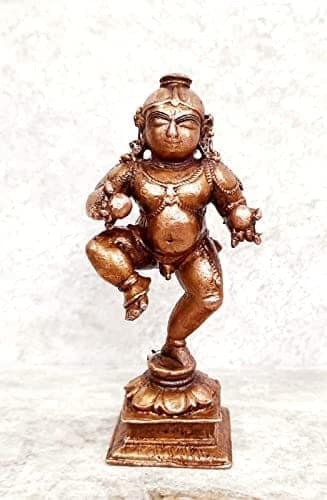 Searchers Paradise - Copper Idols Bal Krishna with Laddu, 3.3 inches, Copper Handmade 150 Grams, Patina Antique Finish, Pack of 1 Piece