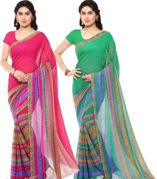 KHUSHBOO DESIGNERS Women's Solid Georgette 5.5 Meter Saree with Unstitched Blouse Piece (Multicolor-3) Pack Of 2 view 2
