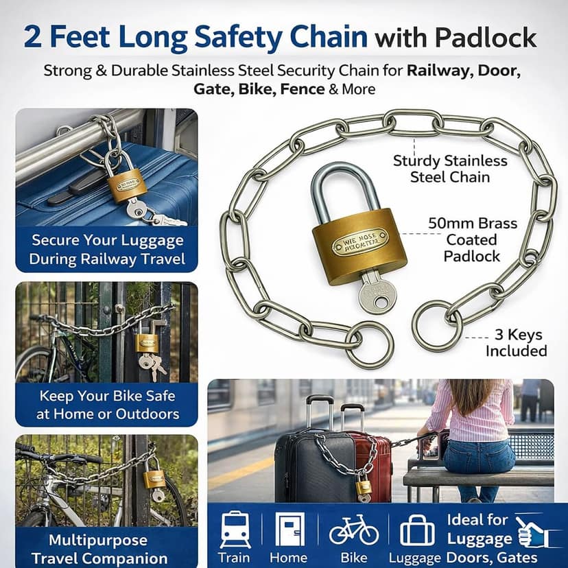 Safety Chain (2 Feet) and 50mm Padlock with 3 Keys � Safety Chain for Railway Travel for Luggage - Strong Build Stainless Steel for Railway Travel, Door, Gate, Bike view 2