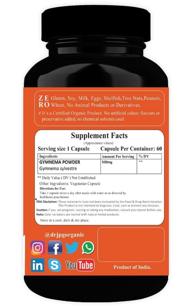 Dr JPG Organic Herabals Gymnema/Gudmar Capsules For Blood Sugar Support & Metabolism 60 Veg. Capsules | INDIA ORGANIC Certified (Pack Of 1) view 2