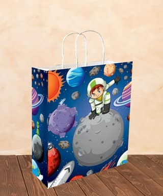 90 GSM 3D Space Galaxy Printed Small Paper Gift Bags, Ideal for Birthday Return Gifts, Kids Party, & Gifting on Special Occasions (Size: 9.4 x 7.9 x 3 inch) - 50