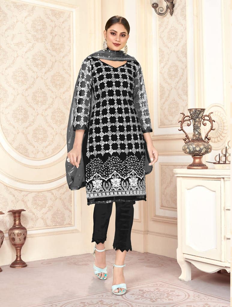 Black Women Net Heavy Embroidery Work Semi Stitch Dress Material. view 2