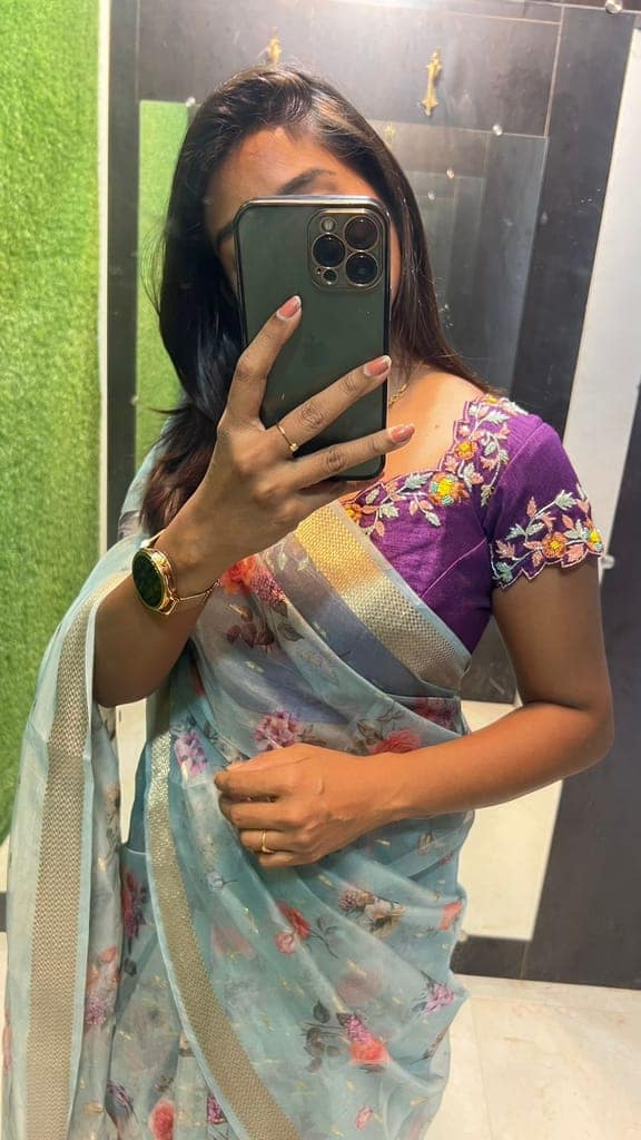 Blue organza saree with purple handwork blouse view 2
