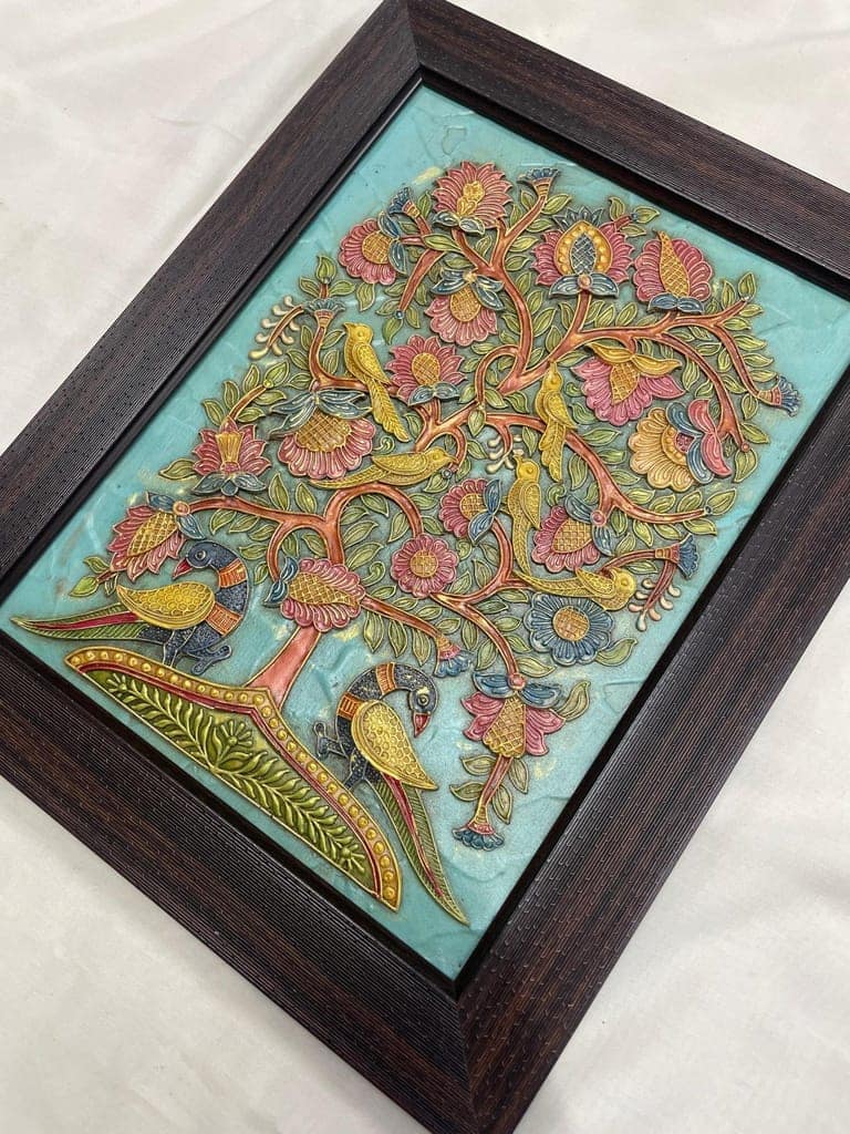 Small Tree with birds Framed Tree of Life Wall Art, Kalamkari Style, Handpainted Birds and Flowers, Traditional Indian Decor (20 * 25 cm) view 2