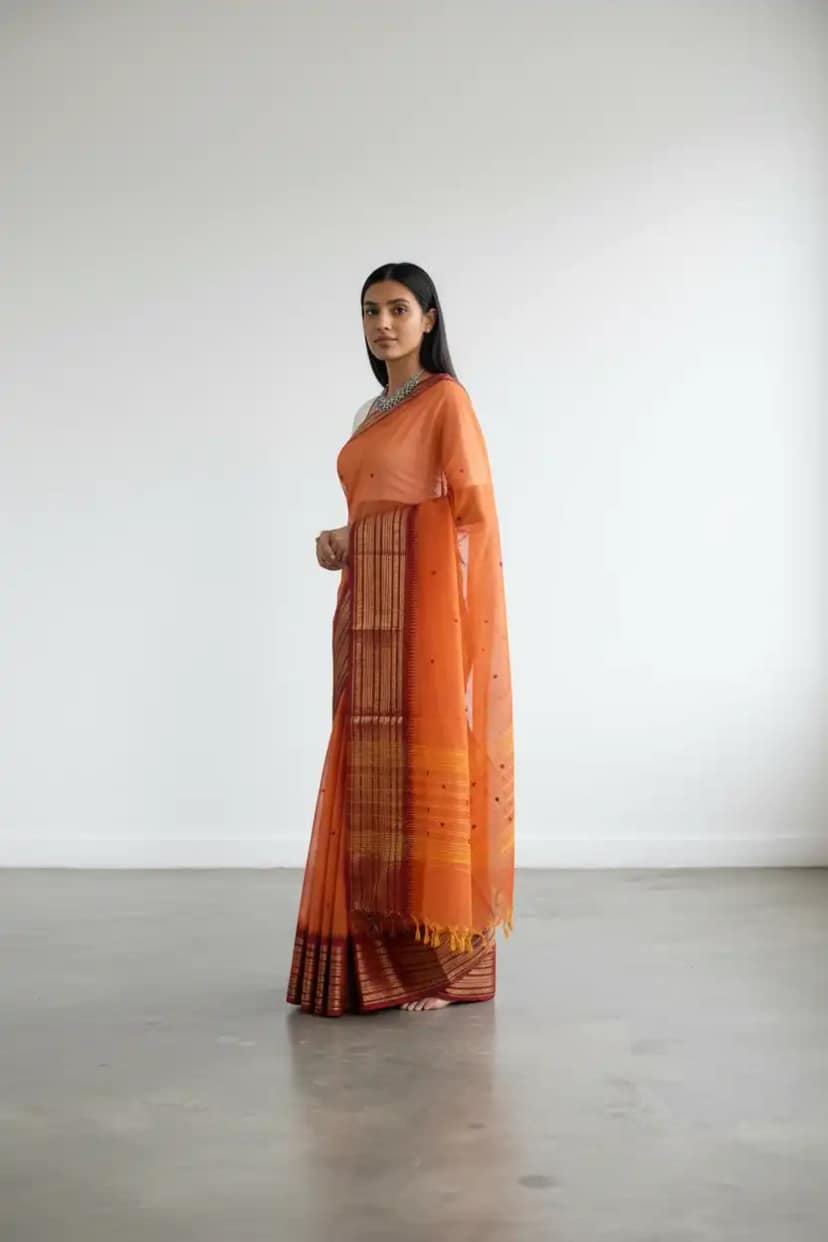Handwoven Kanchipuram Cotton-Silk Saree in Orange with Golden Border