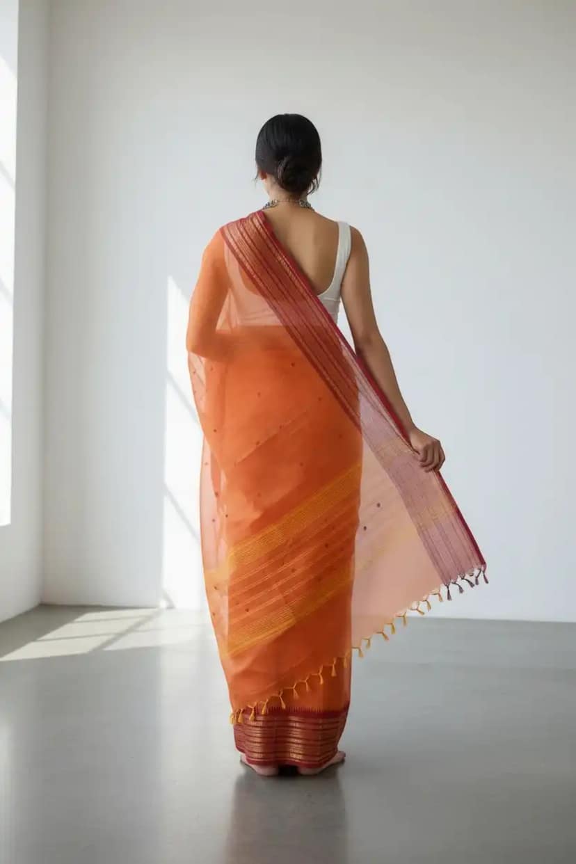 Handwoven Kanchipuram Cotton-Silk Saree in Orange with Golden Border view 2