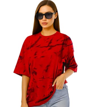 Leotude Women Cotton Blend Solid Oversized Fit Round Neck T-Shirt ( Red )