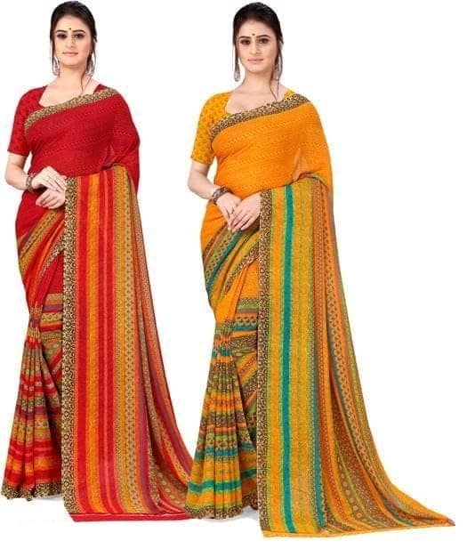 KHUSHBOO DESIGNERS Women's Solid Georgette 5.5 Meter Saree with Unstitched Blouse Piece(Multicolor) Pack Of 2 view 2