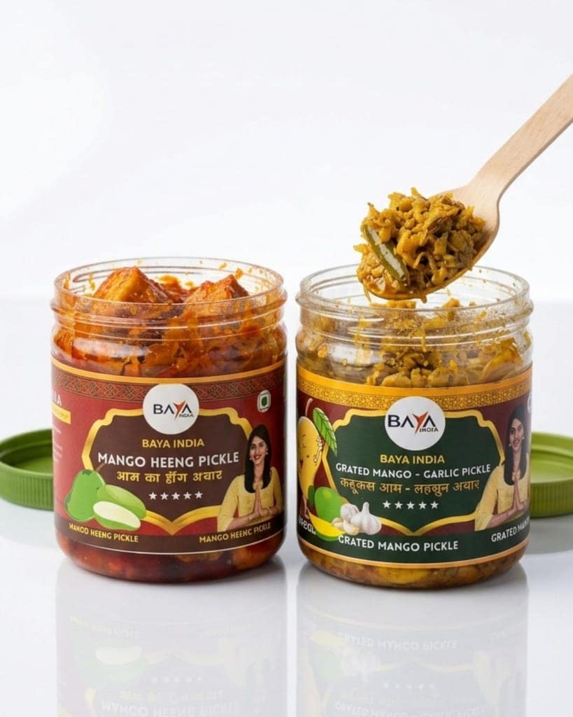 Baya India Combo of Two Mango Favorites | Hing Mango Pickle & Mango Lachha with Garlic & Green Chili Pickle | Homemade Style Aam ka Achar in Mustard Oil | Spicy & Tangy | No Preservatives