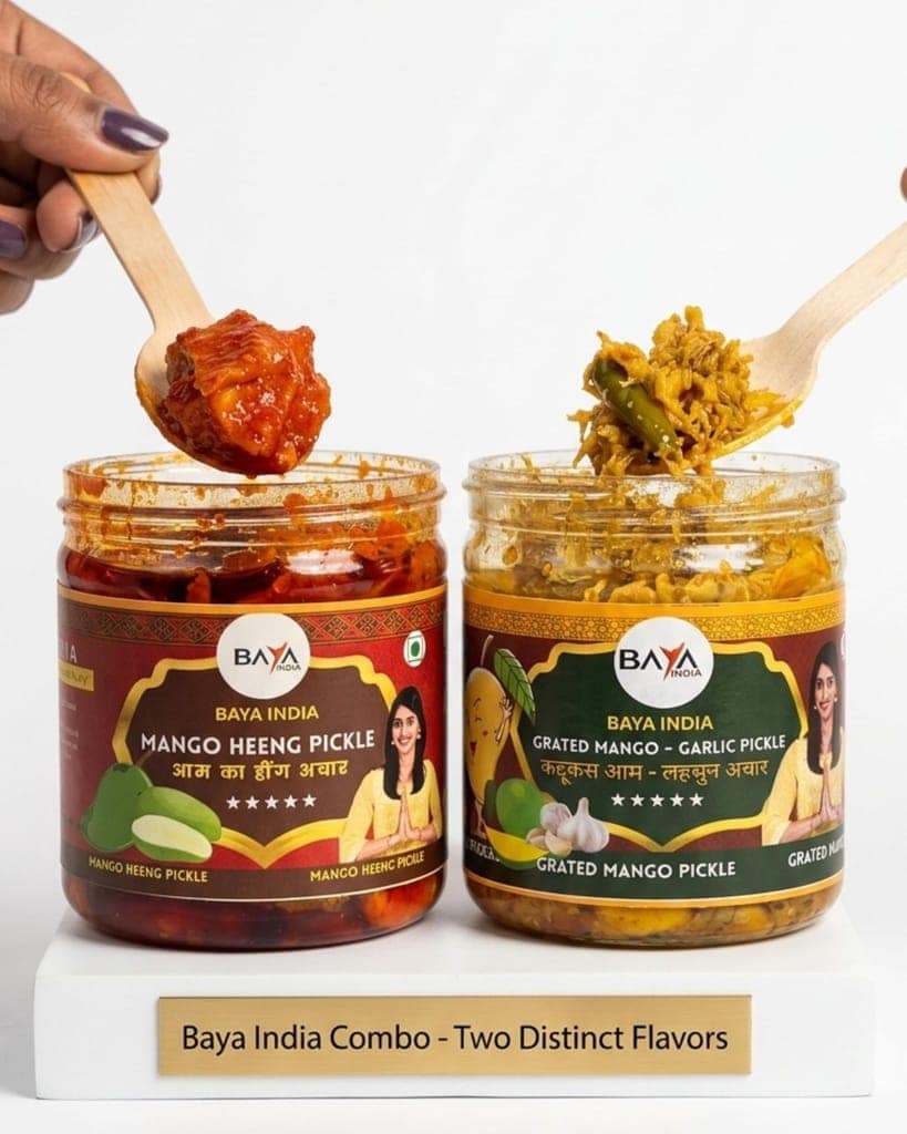 Baya India Combo of Two Mango Favorites | Hing Mango Pickle & Mango Lachha with Garlic & Green Chili Pickle | Homemade Style Aam ka Achar in Mustard Oil | Spicy & Tangy | No Preservatives view 2
