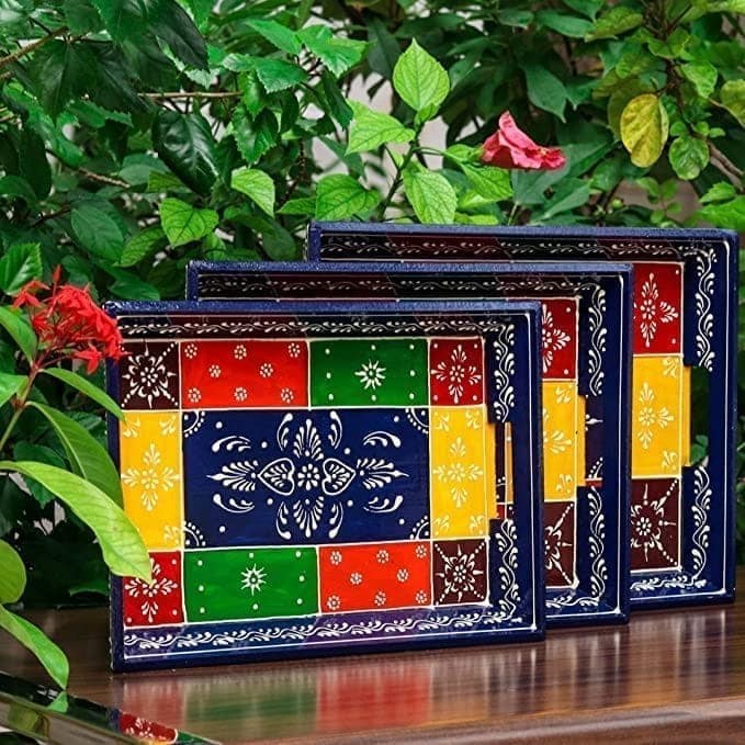 Wooden Serving Tray Set- Handcrafted & Hand-Painted For Kitchen/Table & Home Decor/Dinning/Gifts/Restaurants/Living Room/Coffee Table (Set of 3 Trays, Antique Blue Rectangular) view 2