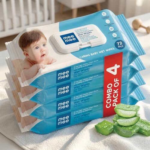 Mee Mee Wet Wipes for Baby Skin with Aloe Vera Paraben Free, Fragrance Free, pH Balanced, Dermatologically Safe, Baby Wipes Combo, 72 Wipes/Pack With Lid (Pack of 4 Wet Wipes) Mee Mee Wet Wipes for Baby Skin with Aloe Vera Paraben Free, Fragrance Free, p view 2