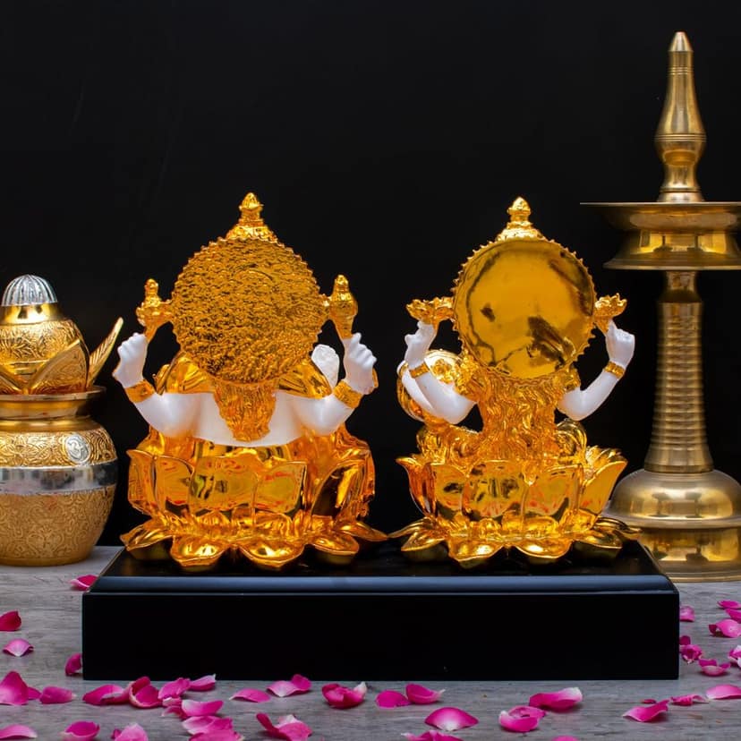Craftlayout Resin Lakshmi Ganpati Statue with Golden Finish 9 Inch view 2