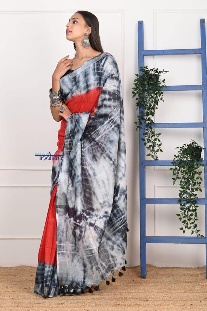 EXCLUSIVE! Handmade Tie and Dye Cotton Red- Black Saree By Women Weavers view 2
