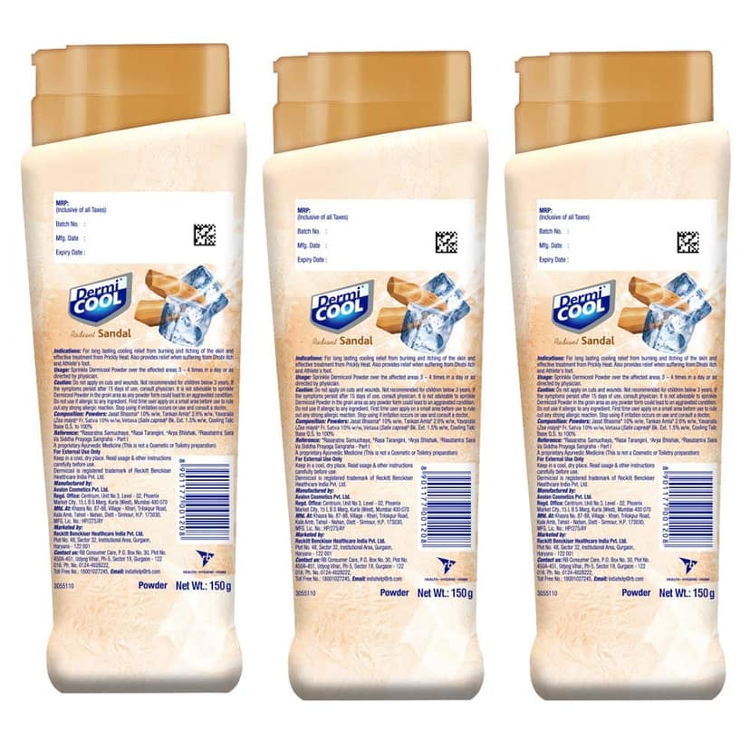 Dermicool Prickly Heat Powder, Sandal, 150 g (Pack of 3) view 2