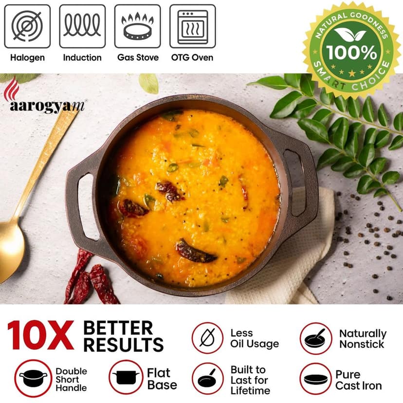 Aarogyam 10 Inch Induction Friendly Pre-seasoned Cast Iron Flat Kadai, Naturally Nonstick, Induction Friendly view 2