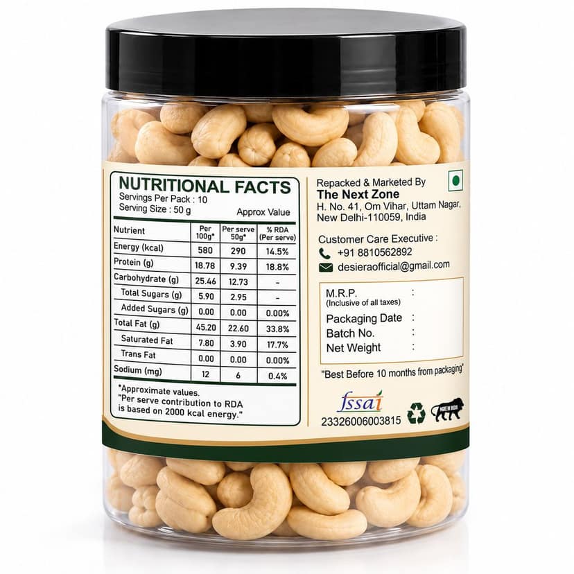 DesiEra Premium Whole Cashew Nuts (Sabut Kaju) | Carefully Selected Whole Kaju | 500g (250g+250g) | Rich & Creamy Taste | Perfect for Snacking, Sweets & Cooking | Selected view 2