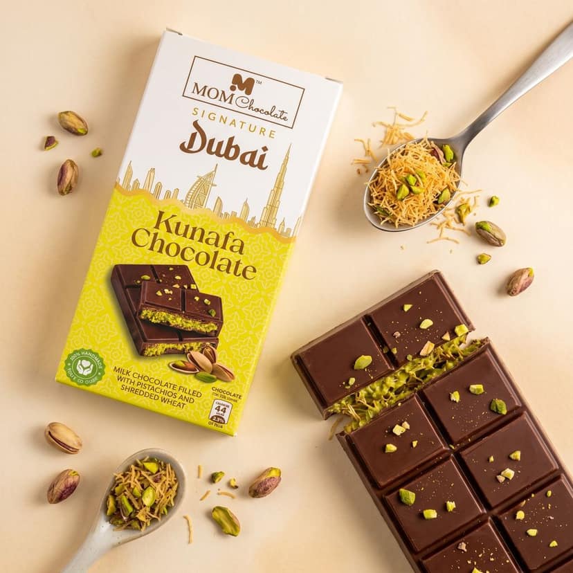 MOM Chocolate | Signature Dubai Kunafa Chocolate | Pistachio & Crispy Kunafa Filled Chocolate Bar | Premium Handmade Chocolate | 100 gm x 1 pack view 2