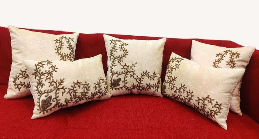 Cream Set of 5 Ethnic Beaded Embroidered Square Cushion Covers Combo for Sofa Home Bedroom view 2