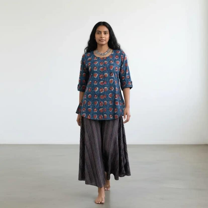 Handloom Cotton Co-Ord — Indigo Floral Top with Striped Baggy Pants