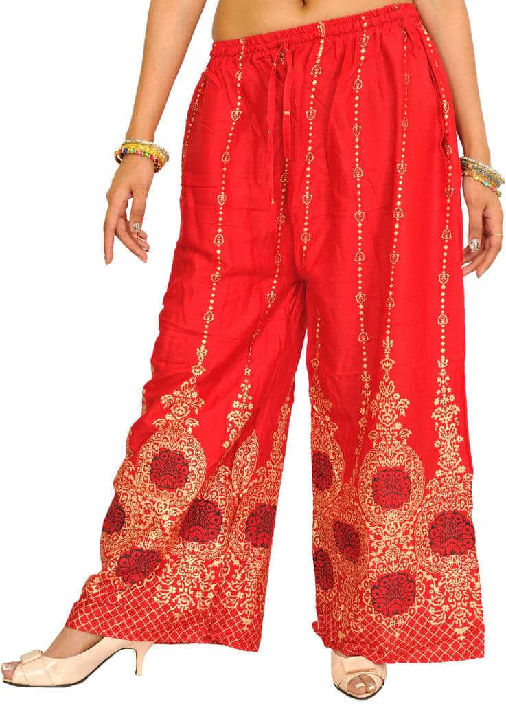 Scarlet-Red Casual Yoga Trousers with Golden Floral Print view 2