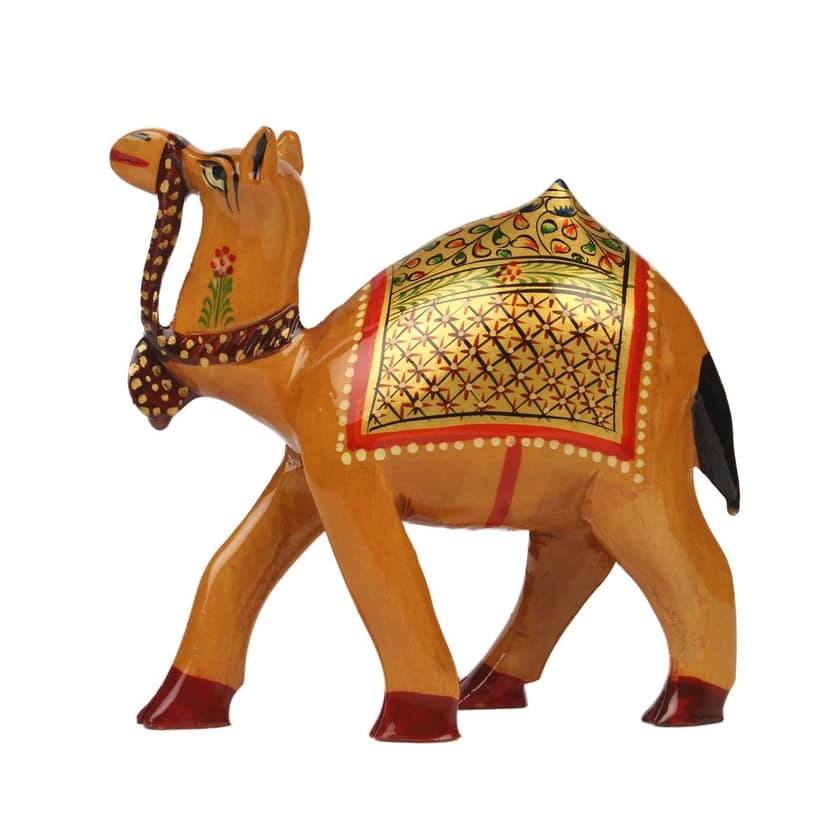 Tribes India Brown Handcrafted Wooden Camel With Gold Painting view 2