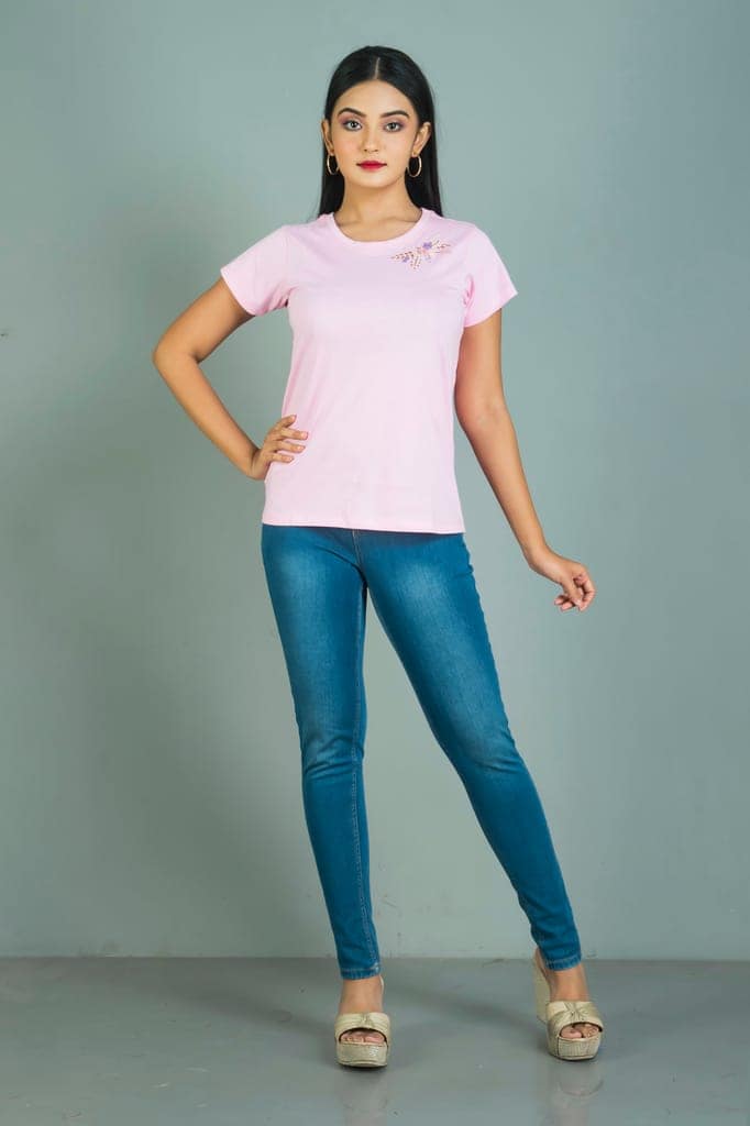 Pink coloured Hand embroidered women cotton T shirt with floral neck design. view 2