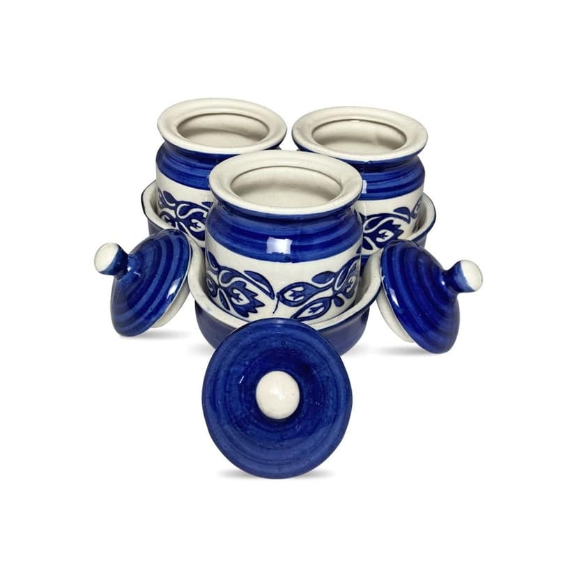 Ceramic Dining Royal Blue Floral Hand-painted Three Pickle Ceramic Jars With Tray view 2
