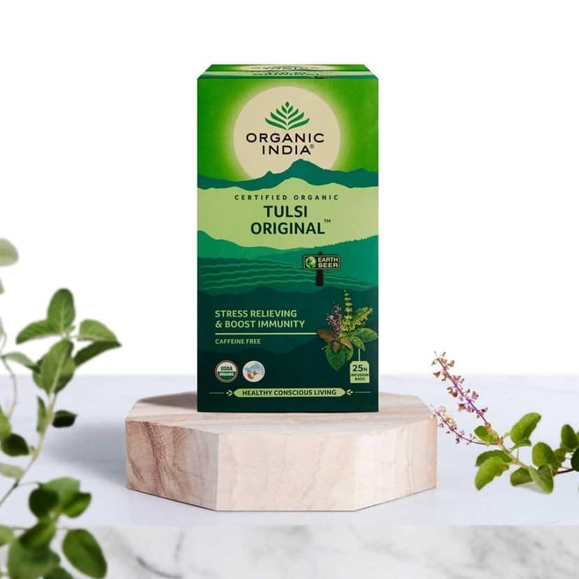A TATA Product - Organic India Tulsi Original - 25 Tea Bags, Caffeine-Free Herbal Tea with Tulsi, Natural Detoxifier, Rich in Antioxidants, Convenient Staple-Free Bag view 2