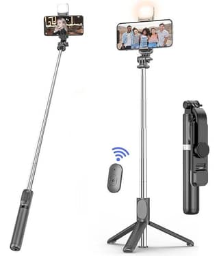 Hybite Premium Selfie Stick, Blue tooth Extendable Selfie Stick Tr ip od with Led Light Wireless Remote and Portable Tri pod Stand Compatible for All iPhone and Android Smartphone