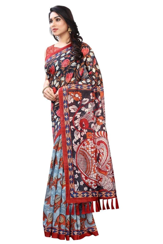 Silk Zone Women's Ajrakh Kalamkari Chanderi Cotton Digital Printed Tassel Saree with Blouse Piece view 2
