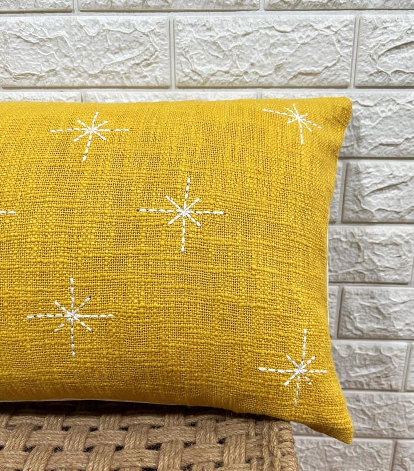 Indihomecraft Handicraft Cotton Cushion Cover - Hand Stitched Embroidery Decorative Art Boho Pillow Star Shape Yellow Hand Made Pillow Cover | Square Shape 14X20 Inches Cushion Cover view 2