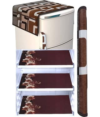 Laphino Polyester Floral Fridge Mat & Cover ( 97 55 ) Pack of 5 - Brown