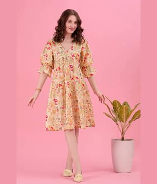 Amarasha Women Cotton Blend Printed Fit & Flare Dress ( Pink )