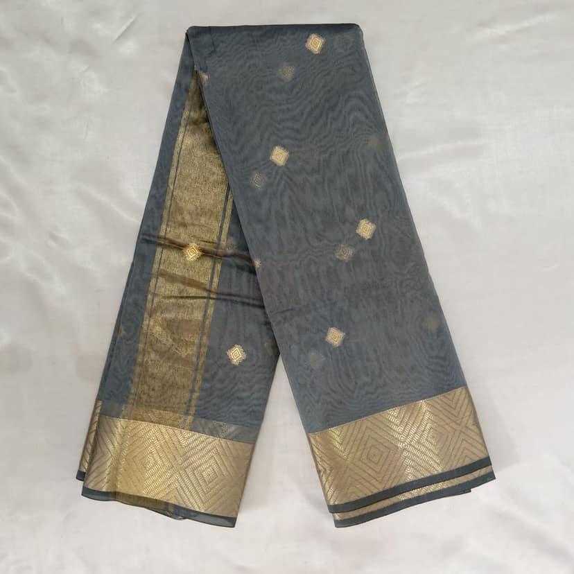 Silk Cotton Saree with Blouse - Grey view 2