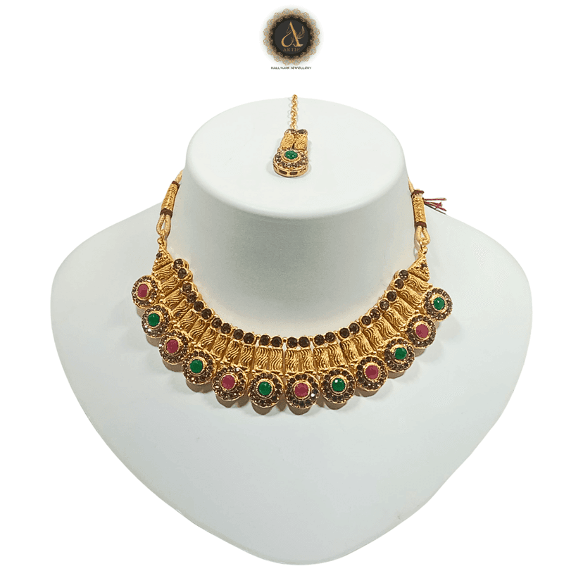 Artik Hallmark - Luxury Handcrafted Gold Plated AD Spiral Necklace Set with Earrings And Mangtika, AD, Multicolour, Suited for Party Wedding Festive for Women view 2